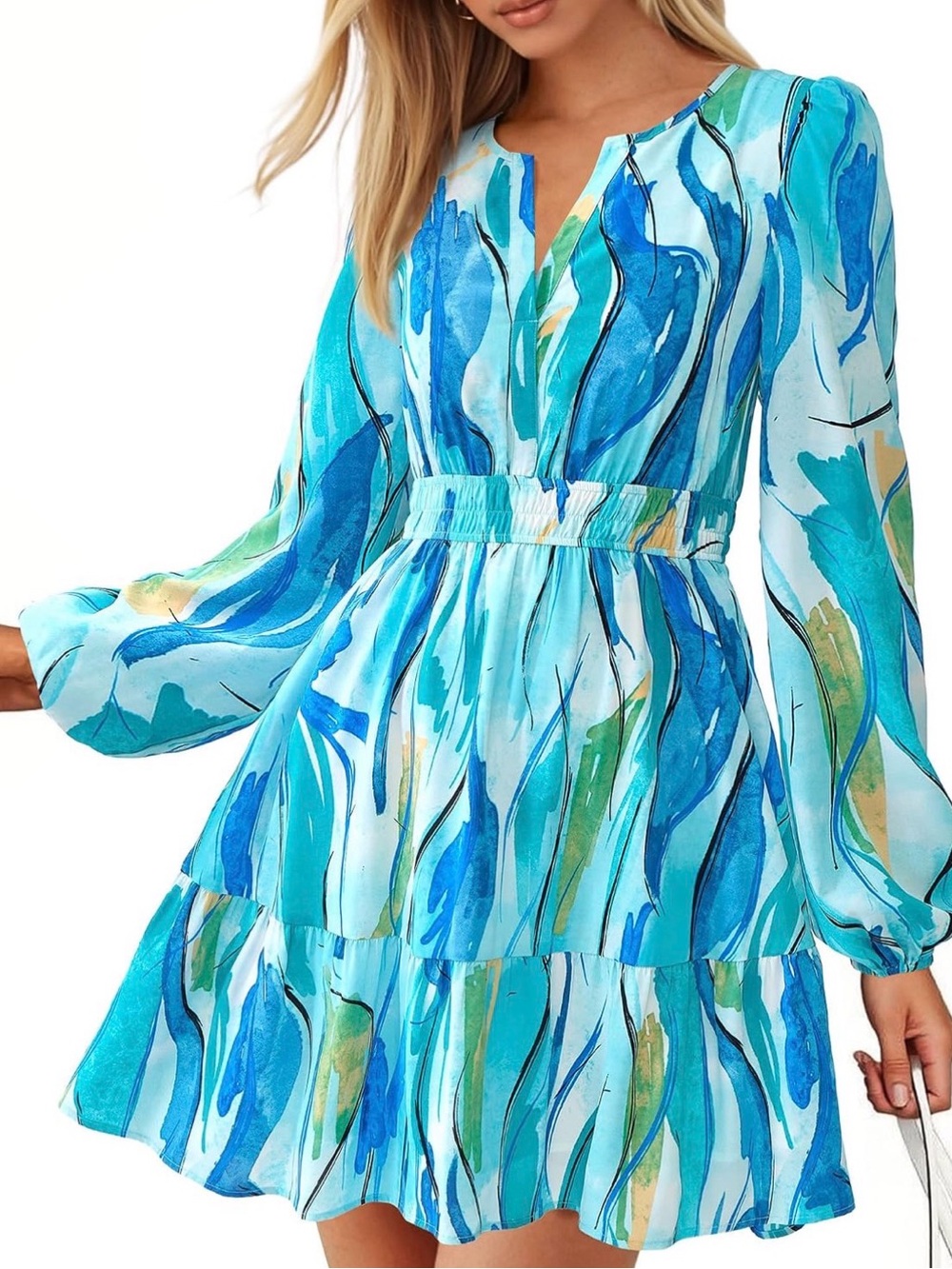 Blue Printed Long Sleeve Tiered Sundress